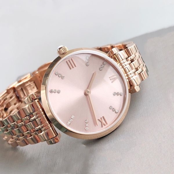Casual dames en acier inoxydable montres à quartz mode or rose diamants ronds montres numéro romain horloge cadran rose 32mm