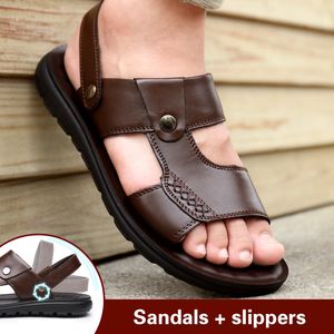 Sandalias de cuero informales para hombre, calzado de playa transpirable para hombre, zapatos de verano cómodos y suaves para exteriores, zapatillas antideslizantes para hombre