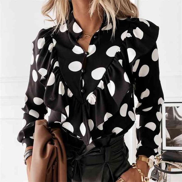 Casual Leopard Dot Print Ruffle Blouse Shirt Automne Hiver À Manches Longues Femmes Chemises Élégant Bureau Lady V-Neck Button Tops Blusa 210607