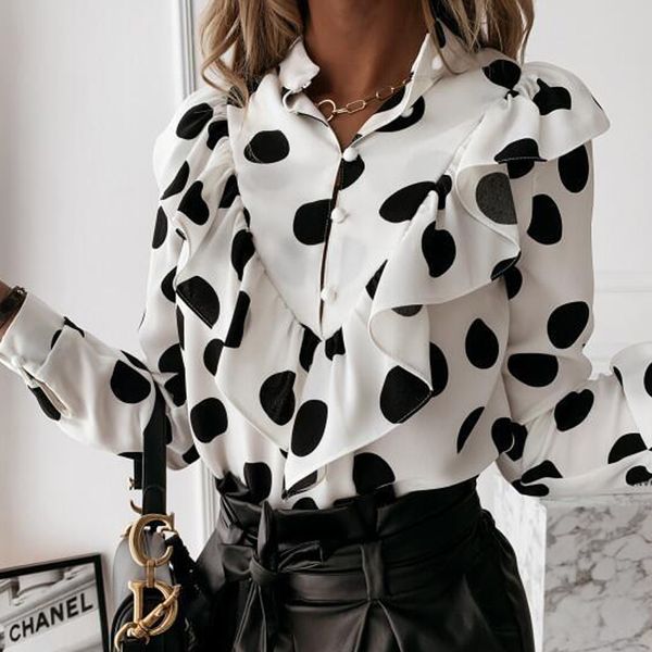 Casual Leopard Dot Print Ruffle Blouse Shirt Automne Hiver À Manches Longues Femmes Chemises Élégant Bureau Lady V-Neck Button Tops Blusa 210419