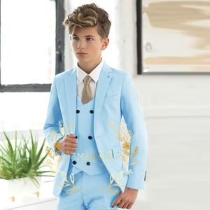 Costumes formels bleu clair pour garçons, ensemble de vêtements pour enfants, manteau, gilet, pantalon, Costume de smoking de mariage, Blazer pour enfants, Costume de fête, 3 pièces