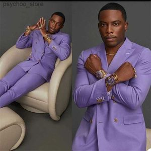 Costumes décontractés à Double boutonnage violet clair pour hommes, 2 pièces (veste + pantalon) pour bal de promo, Terno Masculino, blazer de marié, Q230828
