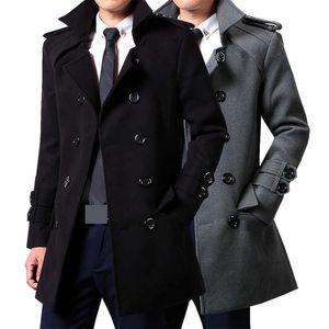 Casual Long Double Breasted Trench Coat Mannen Turn Collar Zweireiher Sakko Herren 211011