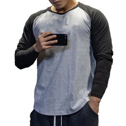 T-shirt décontracté à manches longues hommes Fitness coton Patchwork T-shirt mâle Gym hauts d'entraînement printemps automne course Sport vêtements 240122