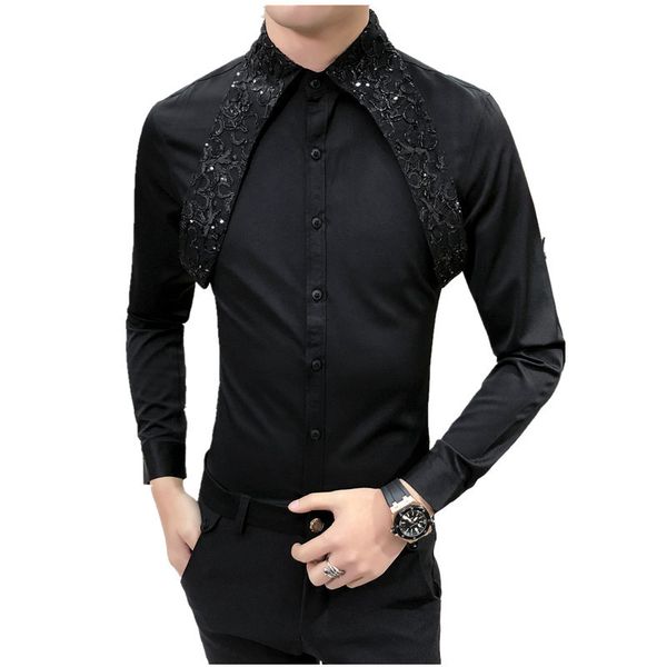 Camisas informales de manga larga para hombre, camisa ajustada con costuras de encaje a la moda para estilista y club nocturno, ropa para hombre