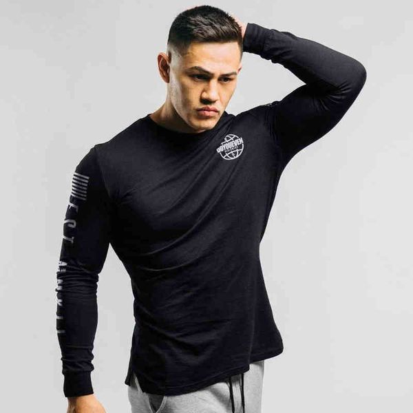 Camiseta informal de manga larga para hombre, camiseta ajustada de algodón para gimnasio y Fitness, camiseta negra de entrenamiento para hombre, camisetas con cuello redondo, ropa de marca de moda G1222