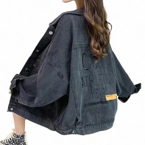 Casual suelta chaqueta de mezclilla negra Novio de las mujeres Jeans de gran tamaño Chaqueta con letras bordadas Ropa de calle Outwear Mujer W2EE #