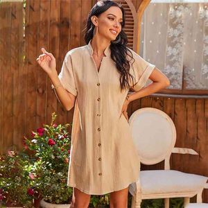 Casual Losse Button Up Summer Dress Shirt Dames Vrouwelijke Kantoorwerk Mini Jurk Beach Boho Shirt Jurk voor Vrouwen Oversized 210415