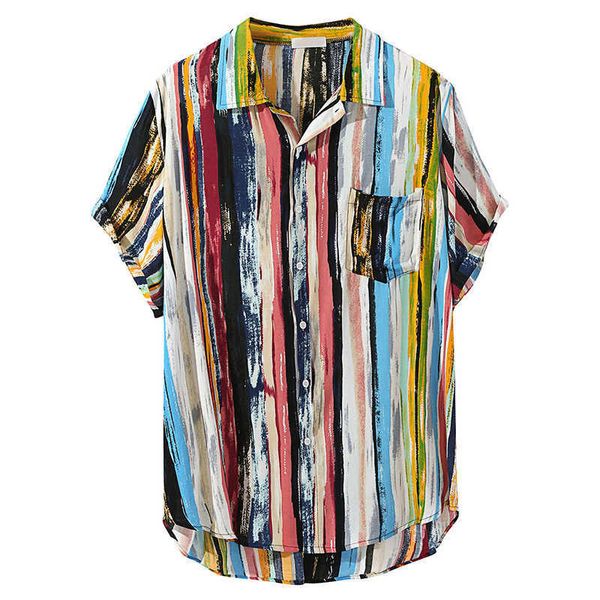 Casual Loose Hawaiian Shirt Hommes Coloré Rayé Vertical Géométrie Chemises À Manches Courtes Hommes Vêtements Coréens Plus La Taille 4XL 210527