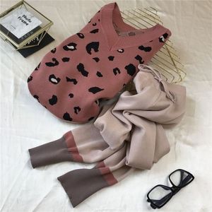 Ensemble 2 pièces tricoté imprimé léopard pour femme, pull-over à col en v et pantalon sarouel de couleur contrastée, décontracté, 220315