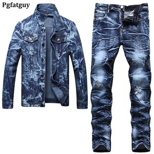 Casual losse heren 2-delige jeanssets onregelmatige tie-dye denim jack met lange mouwen en gescheurde broek lente herfst maat M-5XL herenkleding