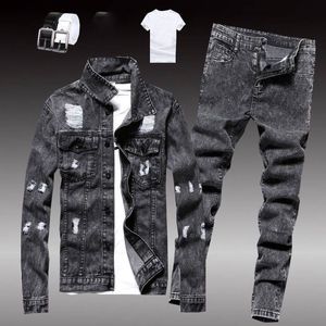 Casual Loose Men's 2pcs broek Sets Sets met lange mouwen Denimjack en rechte jeans lente herfst mannelijke kleding