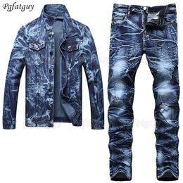 Casual losse heren 2 stks jeans sets onregelmatige stropdy kleurstof lange mouw denim jas en gat gescheurde broek maat m-5xl mannelijke kleding 240415