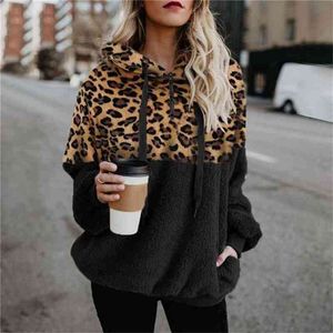 Casual losse pluche luipaard patchwork hoodies vrouwen rits tops lange mouwen trekkoord capuchon warme sweatshirt met zakken herfst 210803