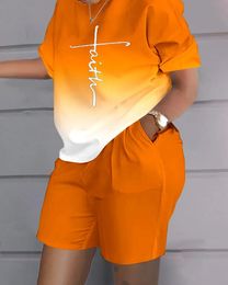 Casual lâche manches courtes t-shirt shorts ensemble bureau dame été mode oneck imprimé coloré deux pièces femmes tenue 2023 240323