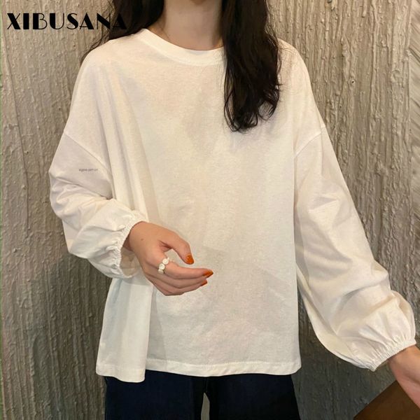 Casual lâche t-shits femmes pull pull shirt printemps automne mode femme solide manches longues t-shirts tops surdimensionné tee 210423