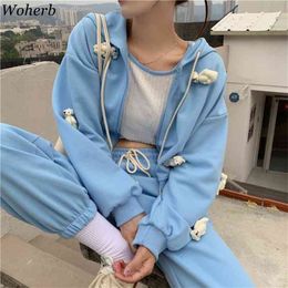 Casual losse twee stukken blauwe set bear patch rits hoodies + harem sweatpants Koreaanse schattige outfits pak sets 210519