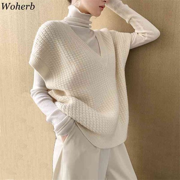 Suéter informal suelto con cuello en V Beige para mujer, chaleco de punto que combina con todo, suéter liso de otoño, chaleco, ropa de calle 210519