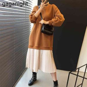 Casual losse vrouwen maxi patchwork hoodies jurk lange mouw o nek geplooide jurken vrouwelijke chique Koreaanse vestidos 210601