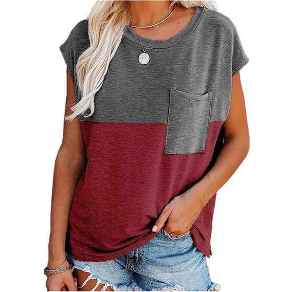 Camisetas holgadas informales para mujer, camisetas a la moda de retales de manga corta de gran tamaño con bolsillos para mujer, camisetas de talla grande S-3XL de verano 210522