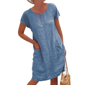 Casual losse vrouwen vintage vaste kleur zomerjurk korte mouw ronde nek knielengte jurken z0506