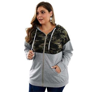 Casual Losse Vrouwen Zipper Hooded Sweatshirt Lange Mouwen Camouflage Patchwork Streetwear Jas W511 210526