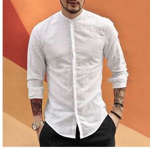 Chemises décontractées à col Mandarin pour hommes, en coton et lin, de marque de styliste, Slim Fit, à manches longues, blanches, vêtements d'été