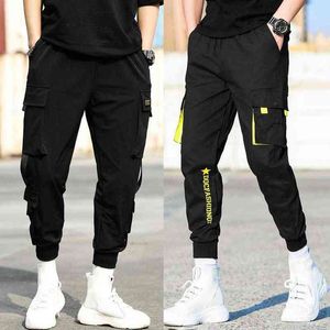 Casual Mannen Ademend enkel Tie Pocket Drawstring Cargo Broek Negende Broek 2021 Hip Hop Boy Multi-Pocket Mannelijke Ankle-Lengt Pant H1223