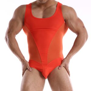 Casual mannen nylon bodysuit elasticiteit een stuk badpak sexy slanke lichaam fitness ondergoed comfortabel gaas patchwork onderhemd