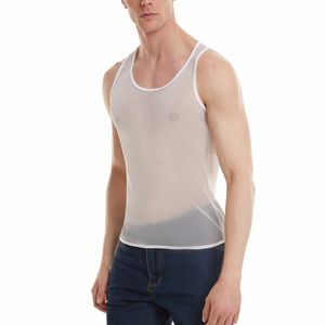 Casual Mesh Transparent Shine Tank Vest T-shirts Fitn Chemise Undershirt Muscle Sleevel Gilet Réservoirs Homme Vêtements f7YJ #