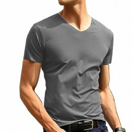 Casual hommes à manches courtes en soie de glace Cott Trackl T-shirt à col en V Slim Fit Basic Homewear T-shirts Tee Tops Vêtements pour hommes 61zj #