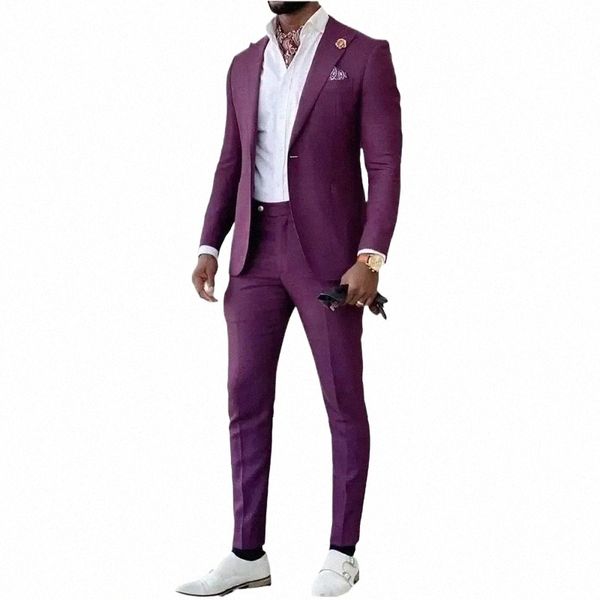 Costumes décontractés pour hommes Violet One Butt Single Breasted Peak Revers Skinny 2 pièces Veste Pantalon Quotidien Outwear Slim Fit Ensemble personnalisé G0sP #