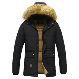 Casual Männer Winter Parka Fleece Gefüttert Dicke Warme Mit Kapuze Pelz Kragen Mantel Männlich Größe 5XL Plüsch Jacke Arbeit Outwearing Schwarz 240116