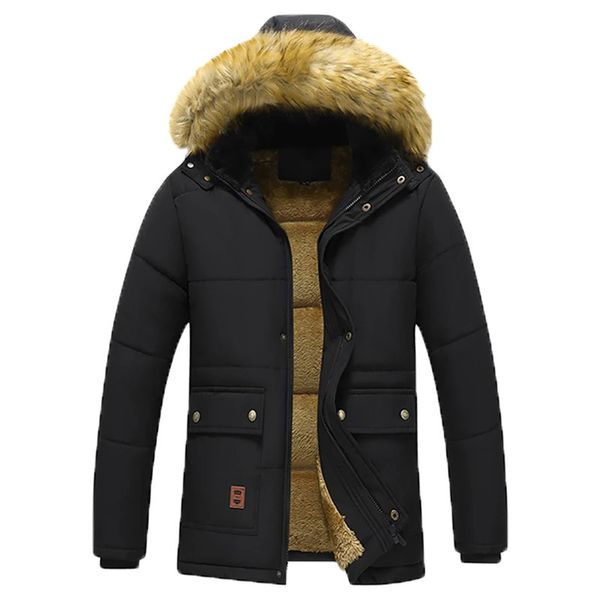 Casual hommes hiver Parka polaire doublé épais chaud à capuche col de fourrure manteau mâle taille 5XL veste en peluche travail outwear noir 240201