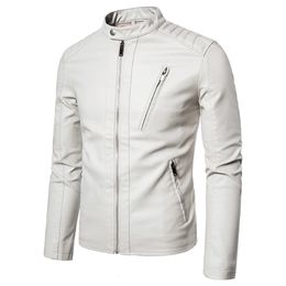 Veste en cuir de moto décontractée pour hommes, mode solide col montant vêtements d'extérieur tendance blanc noir manteau coupe-vent vestes streetwear 240125