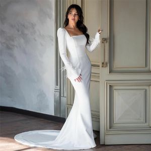 Vestido de novia de sirena informal para mujer 2024 Novia Cuello cuadrado Con cuentas Crepé de plumas Vestidos de novia simples Robe de Mariee Vestidos De Novia