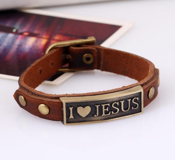 Décontracté nouveau rétro tissé à la main ceinture ajustable j'aime jésus coeur alliage charme en cuir véritable hommes femmes Bracelet en gros bijoux