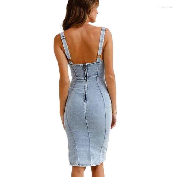 Robe en Denim décontractée et jolie, fendue irrégulière, noire, Sexy, mode, vêtements extensibles sans manches, 2023