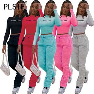 Casual O Cou Lettre Imprimer Sweatsuit À Manches Longues 2 Pièces Vêtements Costume Femme Deux Survêtements 211106