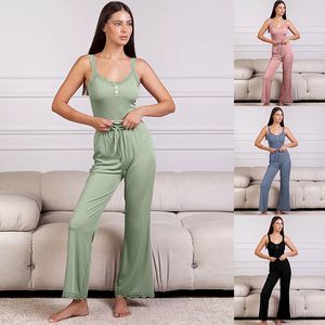 Pyjama d'été décontracté en dentelle pour femmes, pantalon long à bretelles, sexy, dames européennes et américaines, vêtements de maison, ensemble deux pièces