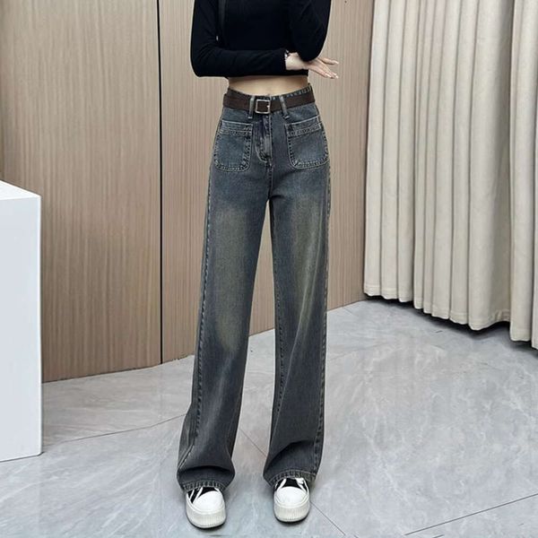 Pantalon décontracté en forme de poire, jean large de petite taille pour femmes, nouveau design de poche taille haute gris ciment, pantalon de vadrouille à jambe droite étroite