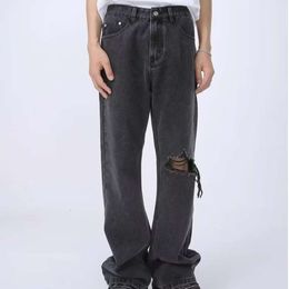Pantalons décontractés Été en détresse Micro évasé High Street Jeans pour hommes à la mode Instagram lâche drapé droit jambe large pantalon décontracté mince