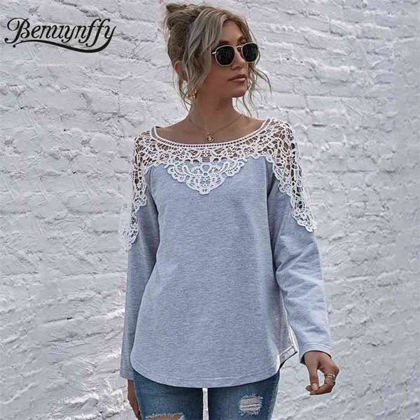 Casual Patchwork Crochet O-Neck Tops Femmes Printemps Automne Coréen À Manches Longues T Shirt Dames Tee Vêtements 210510