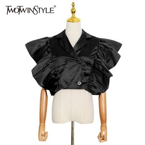 Casual Patchwork Ruffle Blouse voor Dames Revers Puff Sleeve Slim Short Shirt Vrouwelijke Mode Kleding Zomer 210524
