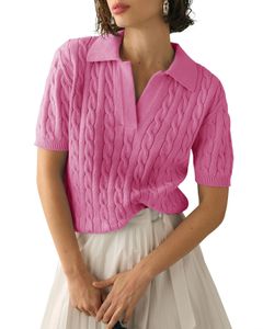 Casual roze kabel Gebreide losse v -nek korte mouw trui trui pullover Summer mode zachte revers kraag gebreide top Y2K 240410