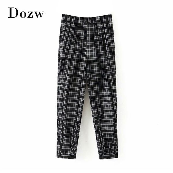 Casual Plaid Harem Pantalons Femmes Zipper Baggy Mode Pantalon Lady Plissé Pleine Longueur Loisirs Noir Couleur Bas Pantalon Femme 210515