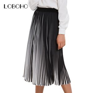 Jupes plissées décontractées femmes 2018 été nouvelle mode jupe longue en mousseline de soie noir et blanc rayé élastique taille haute jupe femmes Y190428