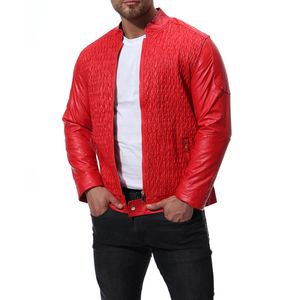 Veste de motard en cuir rouge à fermeture éclair à col montant en polyester décontracté grande taille pour hommes