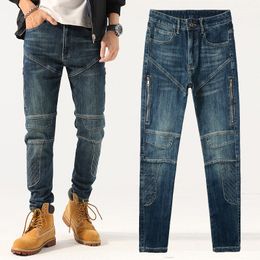 Casual Plus Taille Pantalon Hommes Slim Fit Pieds Patch Élastique Épissage Fermeture À Glissière Lavé Moto Denim Designer Jeans Biker Jeunesse Bleu