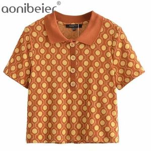 Casual Polo Shirt Zomer Geometrische Print Korte Mouw Button Front Gebreide Crop Tops Regelmatige Fit Vrouw Tees 210604